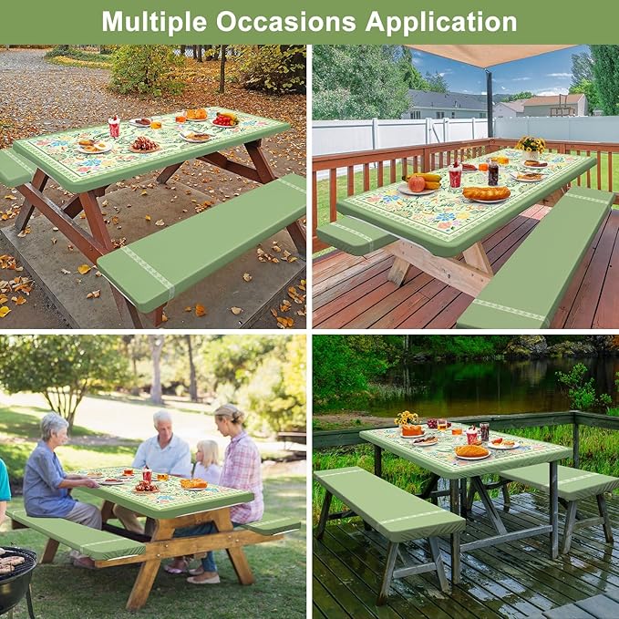 Picnic Table Cover with Bench Covers Camping Essentials Waterproof Windproof Camping Tablecloth with Drawstring Bag, Fitted Rectangle Tables and Seats, 96in, Green with Colorful Flowers