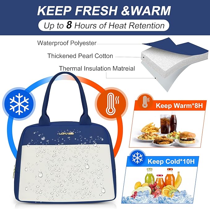 LOKASS Lunch Bag for Women-Insulated Adults Lunch Box with Front Pocket- Small Cute Lunch Tote for Work-Reusable Cooler Bag for Office Picnic Beach or Travel(Dark Blue)