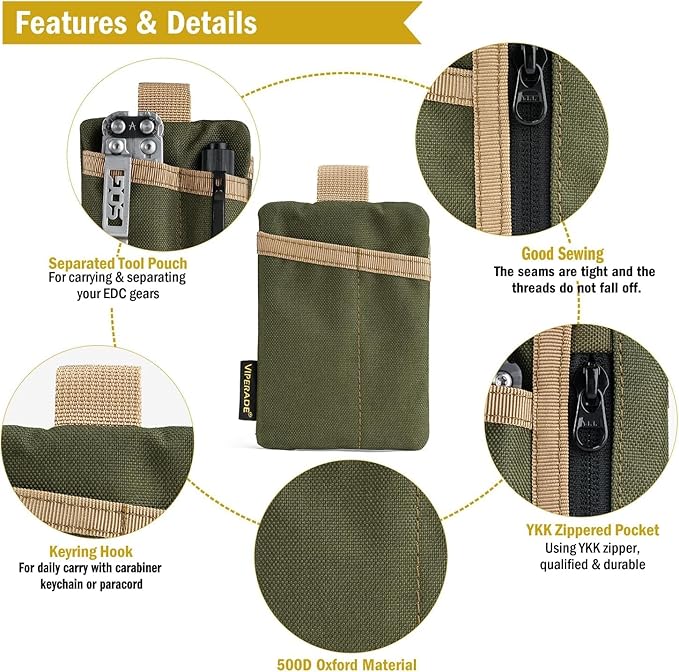 VIPERADE VE29 EDC Pouch Organizer With 3 Slots and Zipper Pocket for Everyday Carry Gears (Green/Tan)