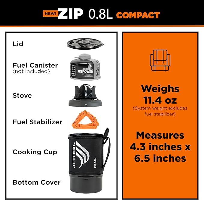 Jetboil Zip 0.8L Portable Fast Boil Stove with Easy-Turn Knob Igniter for Backpacking and Camping, New for 2025, Propane/Isobutane Burner with Cooking Cup