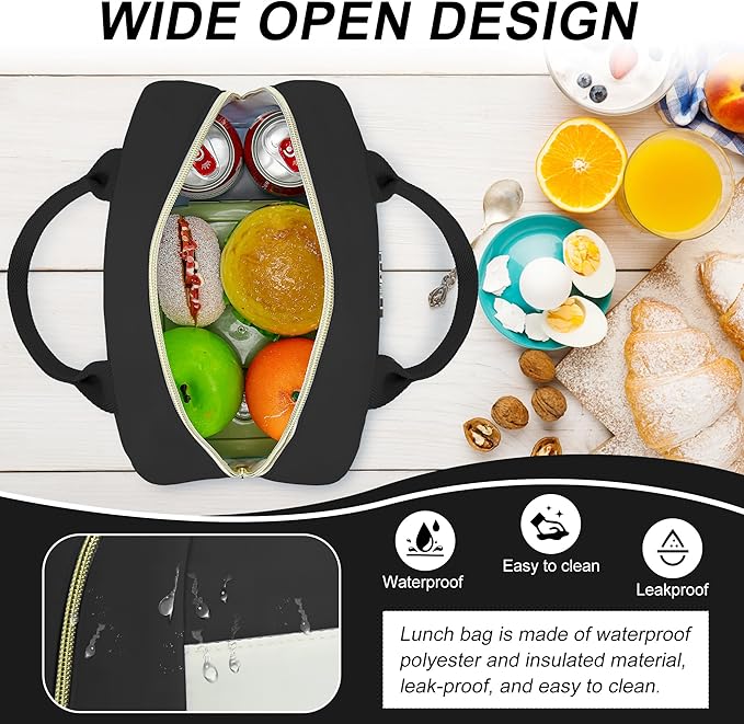 LOKASS Lunch Bag for Women-Insulated Adults Lunch Box with Front Pocket- Small Cute Lunch Tote for Work-Reusable Cooler Bag for Office Picnic Beach or Travel(Black)