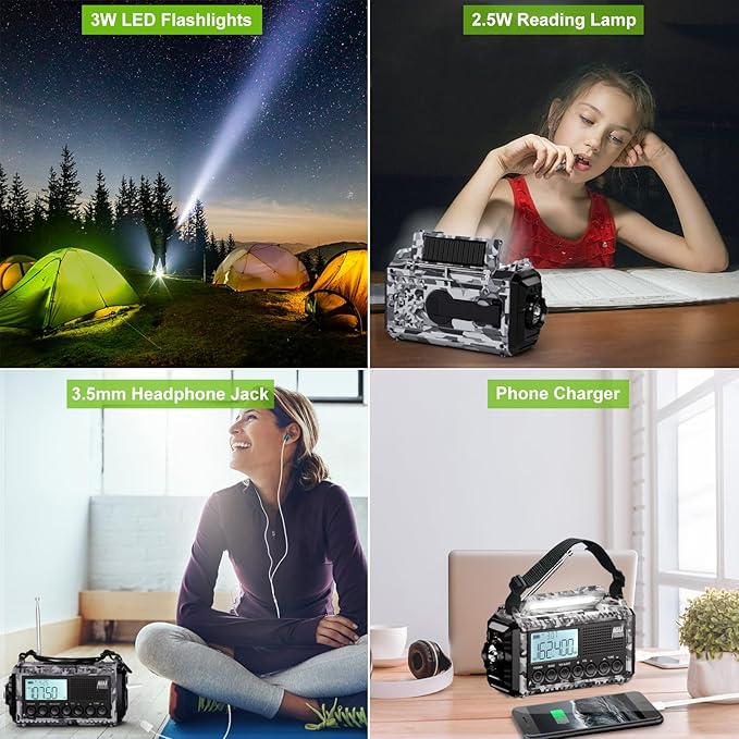 Raynic Solar Radio, 12000mAh/44400mWh Battery Operated Weather Radio, Hand Crank Emergency Radio with AM/FM/SW/NOAA Alert, Cell Phone Charger, Type-C Charging, Flashlight and SOS Siren