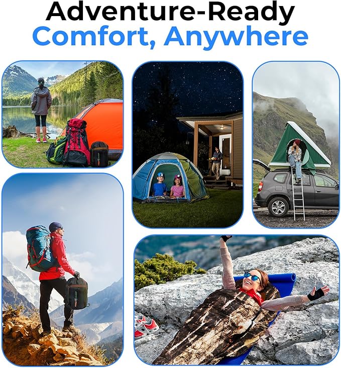 SereneLife Double Sleeping Bag with Pillows, Waterproof & Detachable for 2 Single Bags, Lightweight & Warm, Perfect for Camping, Hiking, Backpacking, and Cold Weather, Suitable for Temperatures 5-10°F