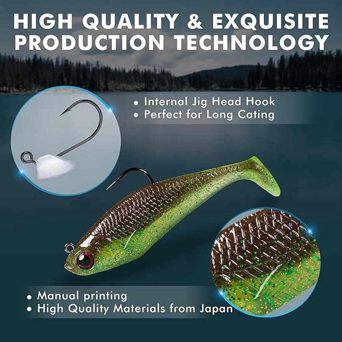 Fishing Lures for Freshwater and Saltwater, Swim Baits for Bass Fishing, Pre-Rigged Jig Heads Paddle Tail Fishing Bait for Crappie Trout Walleye, Amazing Fishing Gifts