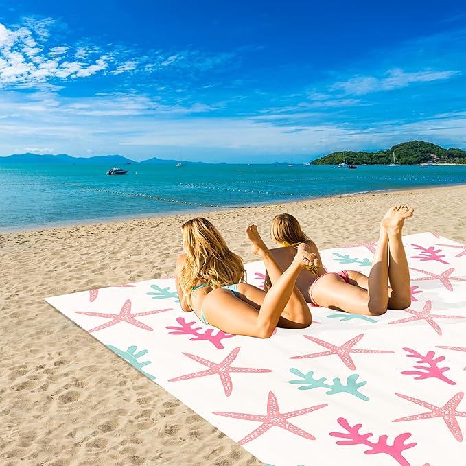 Beach Blanket Waterproof Sandproof Oversized, 9X10 Ft Extra Large Beach Mat Sand Free, Lightweight Compact Foldable Picnic Blankets w/ 4 Stakes & Pockets for Camping, Travel, Beach Vacation Essential