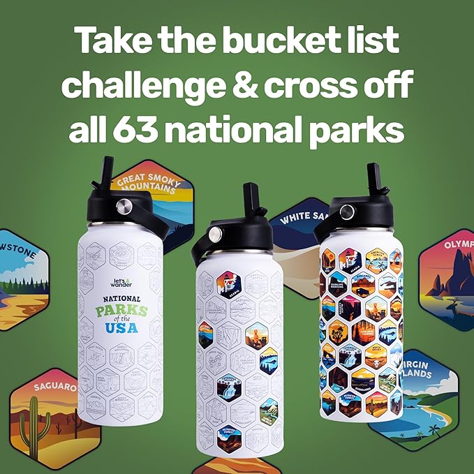 LET'S WANDER National Parks Water Bottle with 63 Waterproof Stickers - 32oz Leakproof Insulated Stainless Steel with Straw - USA Hiker Gift Bottle (Arctic White)