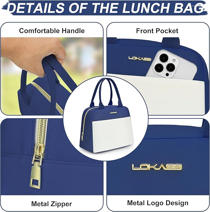 LOKASS Lunch Bag for Women-Insulated Adults Lunch Box with Front Pocket- Small Cute Lunch Tote for Work-Reusable Cooler Bag for Office Picnic Beach or Travel(Dark Blue)