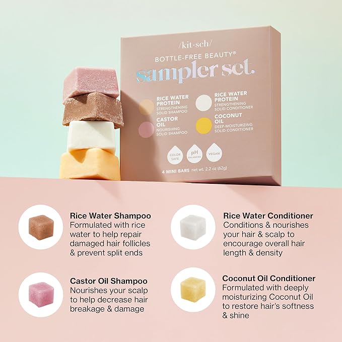 Kitsch 4pc Sampler Solid Shampoo and Conditioner Set - Rice Bar & Castor Oil Shampoo and Rice Bar & Coconut Oil Deep-Moisturizing Hair Conditioner, Zero Waste