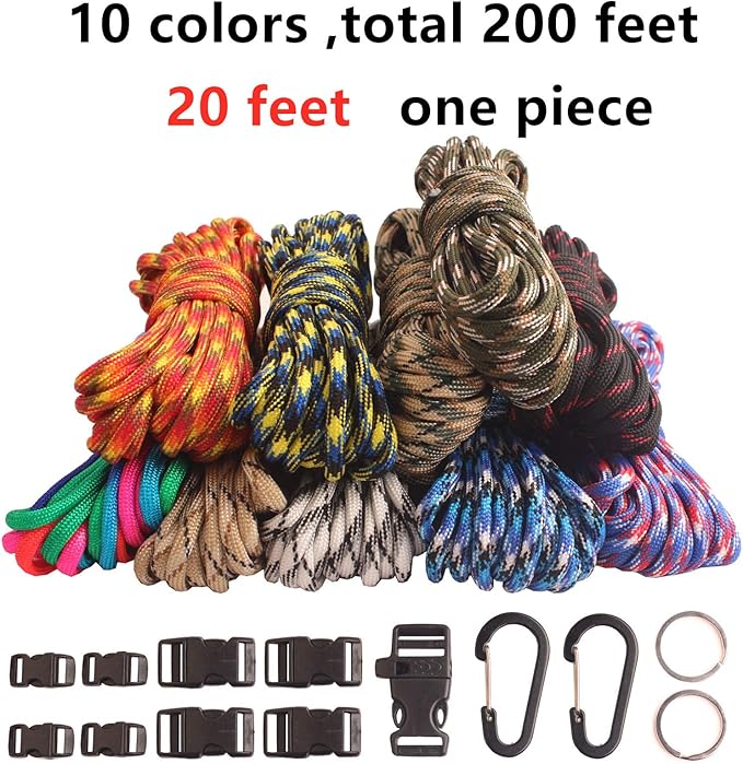 Paracord,Paracord 550 Combo Crafting Kits with 5 Types Buckles,20 Feet Each Paracord Rope (Light Rainbow Set 200feet) (D-Set)
