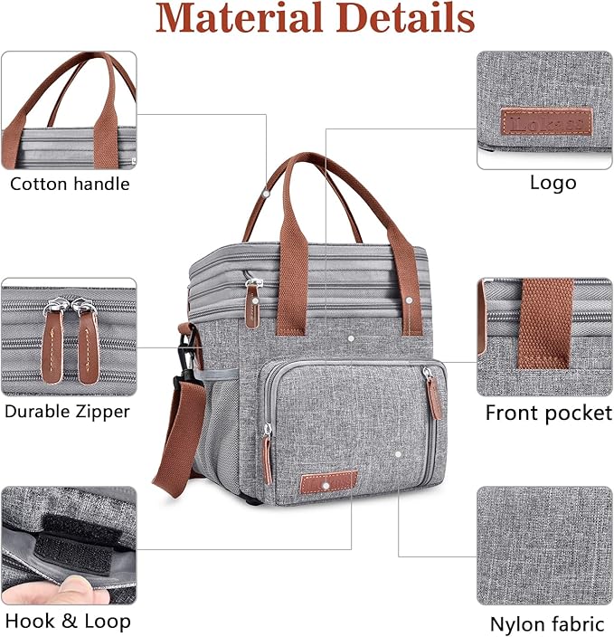 Lunch Box & Lunch Bag for Women Men, Large Insulated Adult Lunch Box Leakproof Lunchbox Cooler Bag for Work Picnic Beach,16L, Gray
