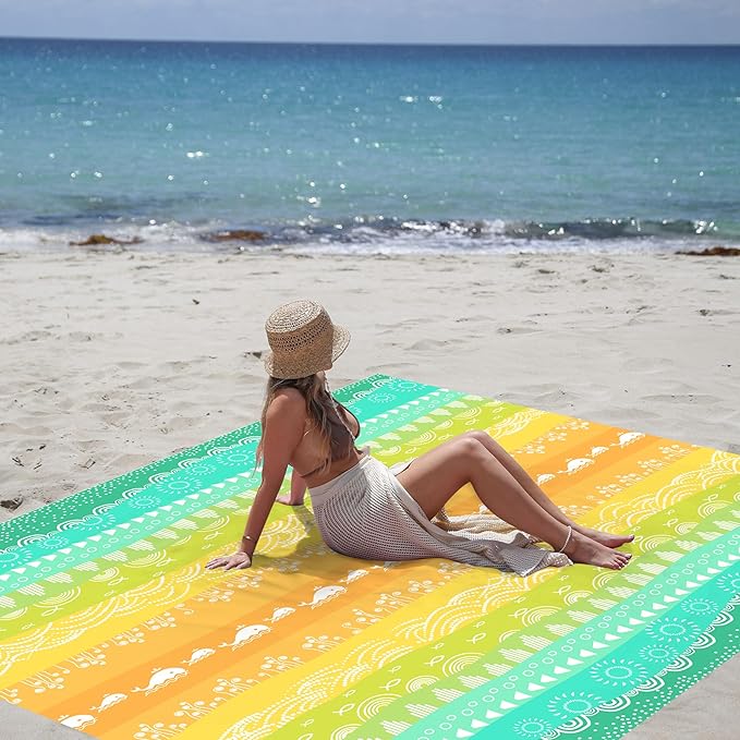 Beach Blanket Waterproof Sandproof, Picnic Blankets with Stakes and Sand Pockets, Lightweight Quick Drying, Large Portable Beach Mat Vacation Essentials for Outdoors, Camping, Trips-Green Sea Waves