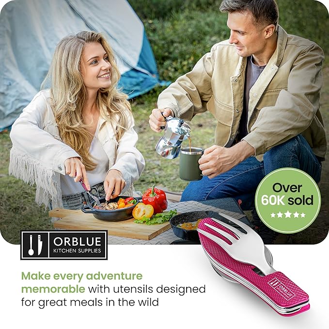 Orblue 4-in-1 Camping Eating Utensils, 2-Pack - Portable Spoon, Fork, Knife & Bottle Opener Combo Set - Stainless Steel Flatware with Detachable Fork - Travel, Backpacking Cutlery Multitool, Hot Pink