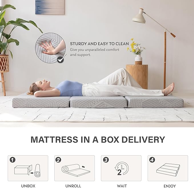 MLILY Tri-Fold Memory Foam Mattress, 4 inch Queen Folding Mattress with Collapsible and Washable Cover, Travel and Guest Mat, 80"×60"×4", Grey