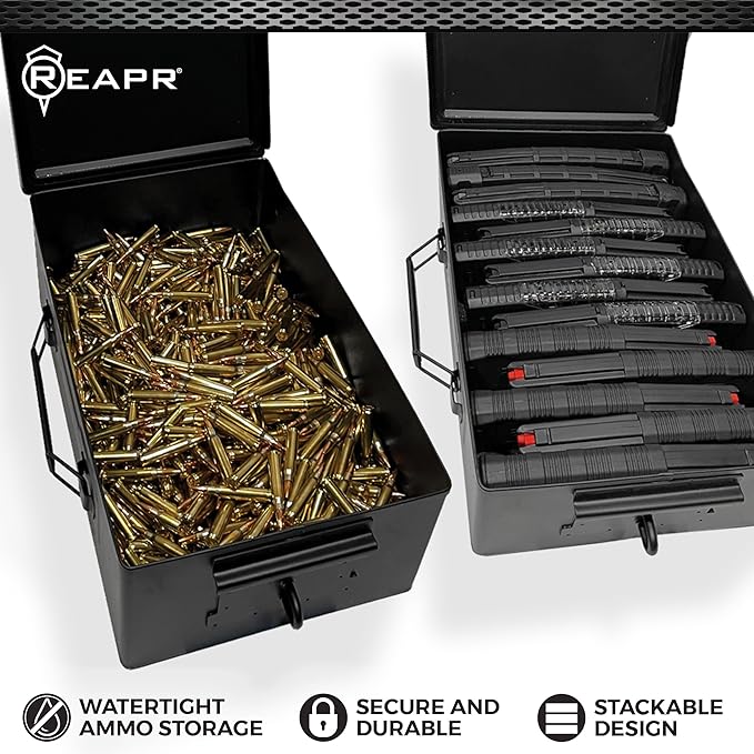 Reapr Steel Ammo Can, Heavy Duty Locking Metal Ammo Storage Box, Airtight and Watertight 30 Cal or 50 Cal Case for Rifle, Shotgun, Pistol, Military Footlocker Style Tool and Gear Organizer