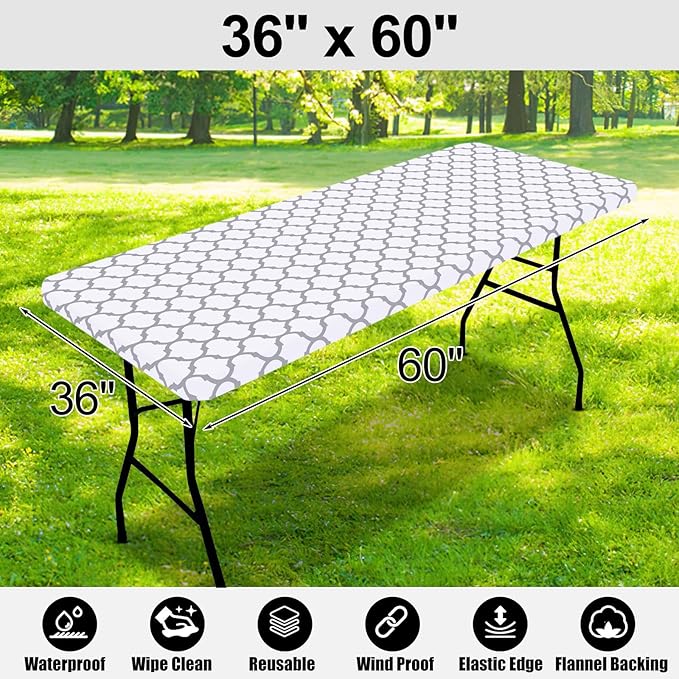 Smiry Rectangle Picnic Table Cover, Waterproof Elastic Fitted Camping Tablecloths for 5 Foot Tables, Wipeable Flannel Backed Vinyl Tablecloth Protector for Indoor, Outdoor (White, 36x60 Inches)