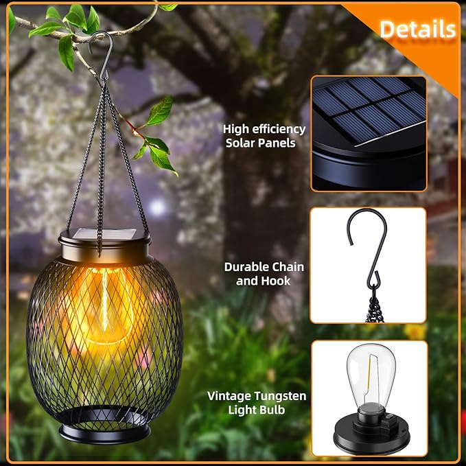 Lanterns Outdoor Waterproof, Collasis 2 Pack Vintage Metal Hanging Lanterns with Hooks Solar Garden Decoration Lights Solar Lights Outdoor for Patio Balcony Yard Lawn, Black