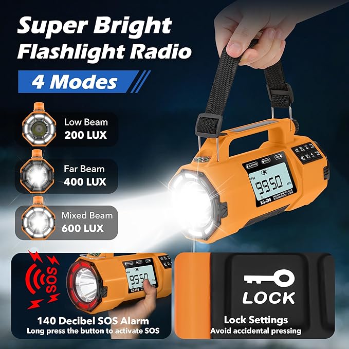 Emergency Weather Alert Radio FM/AM/SW/NOAA, Solar Hand Crank Radio with Replaceable Battery, USB-C Charging, Cell Phone Charger, SOS Alarm, Headphone Jack, Sleep Timer Clock for Survival