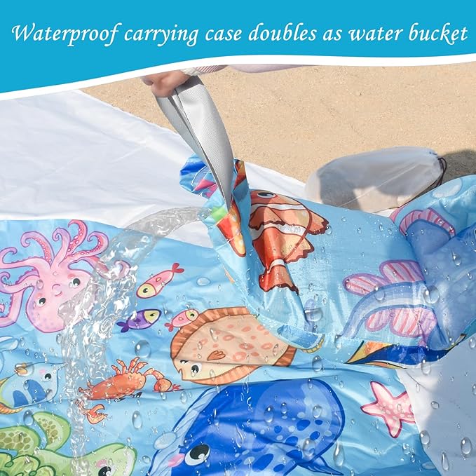 Portable Square Baby Beach Pool, 6.5 X 6.5 Feet Marine Cartoon Animals Toddler Puddle Pool Blue 2 in 1 Childs Beach Blanket and Kiddie Pools Flexible Kids Beach Pools with Carrying Bag for Boys Girls