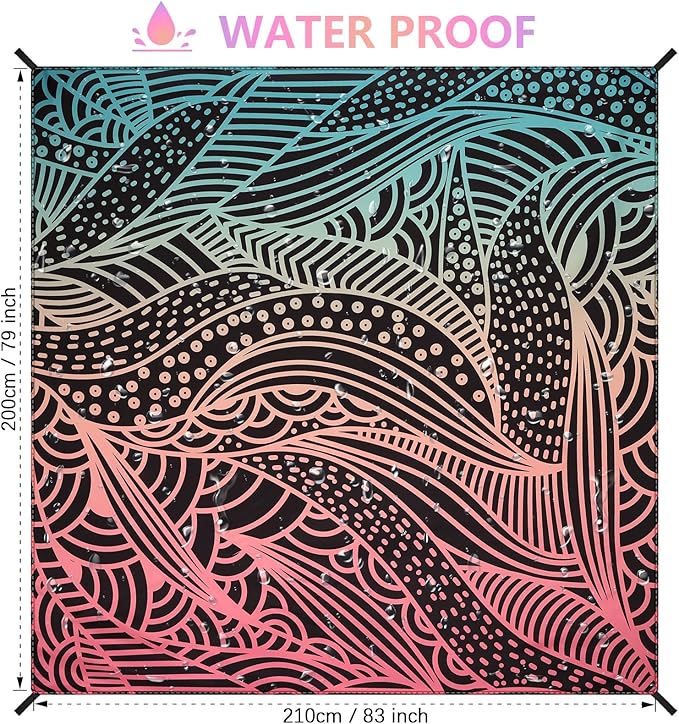 Beach Blanket Waterproof Sandproof Beach Mat 79βx 83β for 1-4 Adults Quick Drying Durable Outdoor Picnic Mat for Beach Festival Travel Camping Hiking (Gradiant BK-Ripple, 79"Γ83"(4 Person))