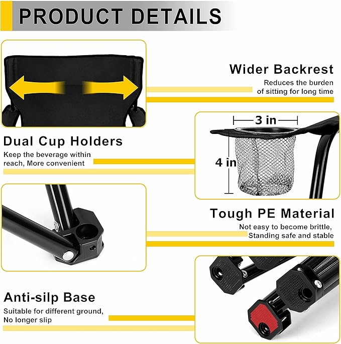 Joyfair Portable Camping Chair, Outdoor Lawn Folding Chairs for Adults, Heavy Duty Large Foldable Chairs for Beach, Fishing, Tailgating Outdoor Sport, 2 Cup Holders & Carry Bag