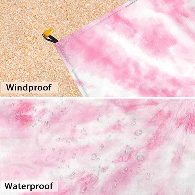 Large Beach Blanket Sandproof, Beach Mat Sand Free Waterproof, Pink Tie-Dye Picnic Blankets Lightweight Quick Drying & Compact, Polyester Outdoor Blanket Beach Essentials Must Have Accesorries