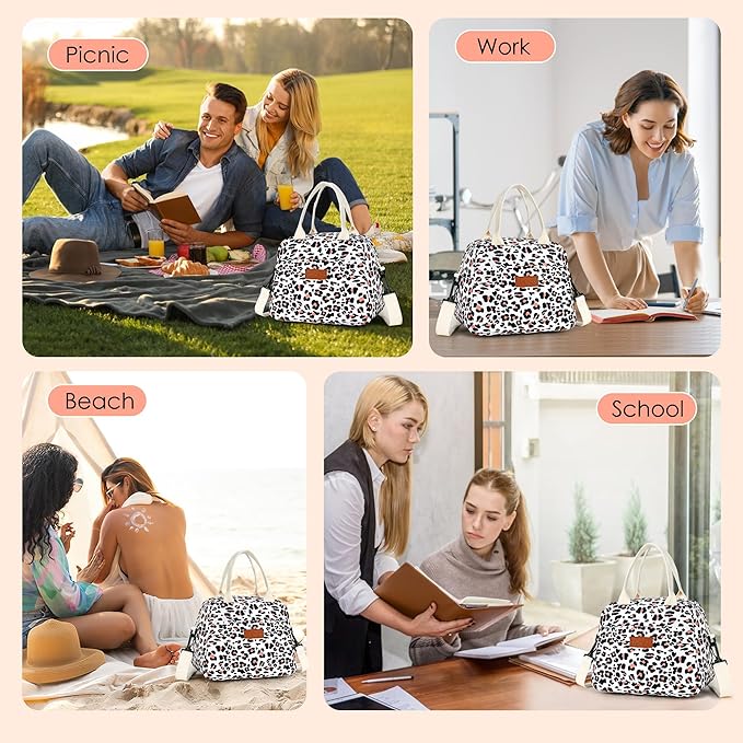 LOKASS Lunch Box for Women-Insulated Adults Lunch Bag with Removable Shoulder Strap&Front Pocket,Cute Lunch Tote for Work-Reusable Leopard Print Cooler Bag for Office Picnic Beach or Travel
