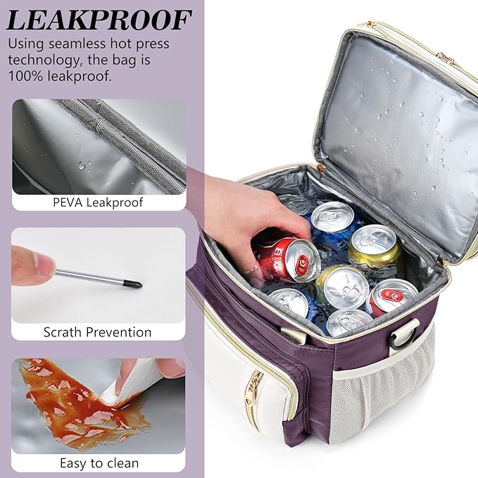 Lunch Box & Lunch Bag for Women, Large Insulated Adult Lunch Box Leakproof Lunchbox Cooler Bag for Work Picnic Beach,16L, Pink-purple & White