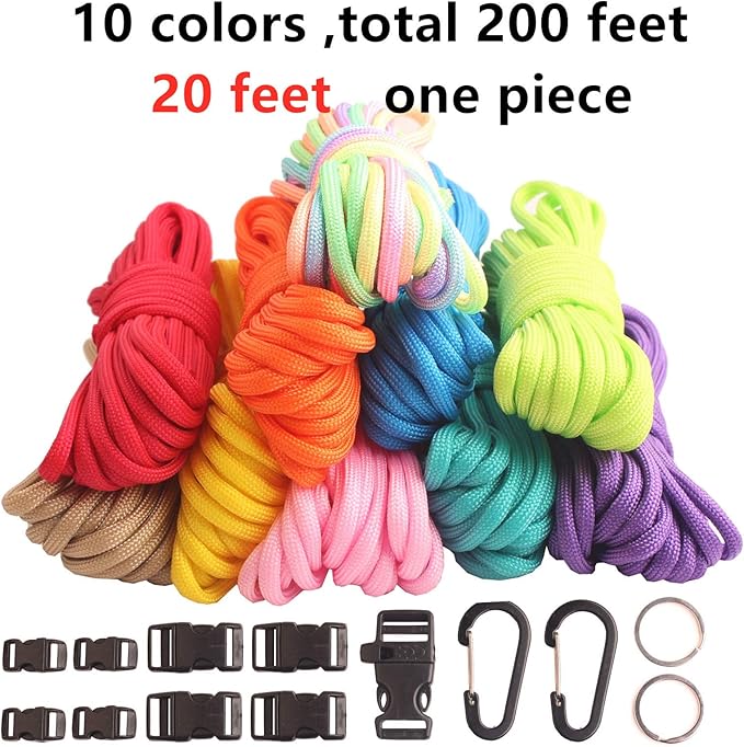 Paracord,Paracord 550 Combo Crafting Kits with 5 Types Buckles,20 Feet Each Paracord Rope (Light Rainbow Set 200feet) (E-Set)