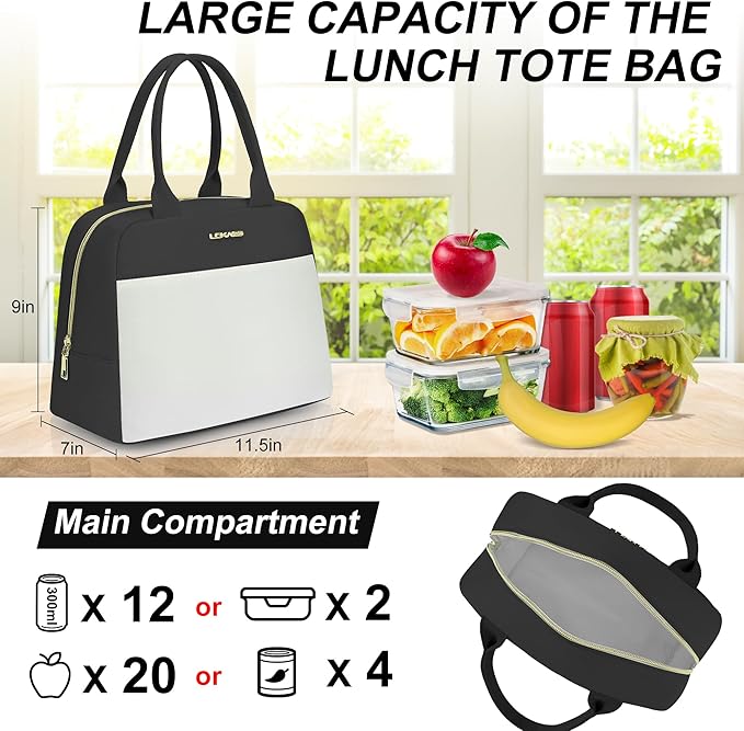LOKASS Lunch Bag for Women-Insulated Adults Lunch Box with Front Pocket- Small Cute Lunch Tote for Work-Reusable Cooler Bag for Office Picnic Beach or Travel(Black)