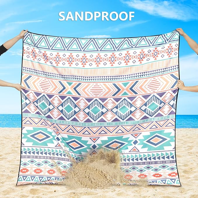 Beach Blanket, Sandproof Beach Mat, Waterproof Quick Drying Lightweight Outdoor Aztec Picnic Mat 79" X 83" for 2-4 Adults with Pocket for Travel, Camping, Hiking