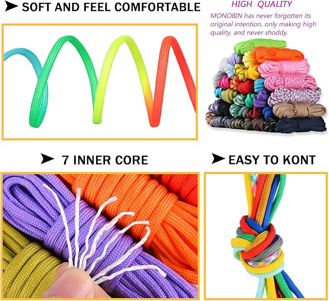 MONOBIN Paracord 550 Combo kit, 24 Colors 10ft Paracord Rope with Instruction, Multifunction Parachute Cord for Making Paracord Bracelets, Lanyard, Dog Collar, Idea for Gift…