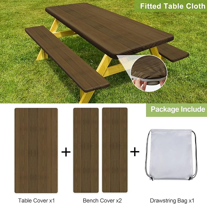 Picnic Table Cover with Bench Covers Camping Essentials Waterproof Windproof Camping Tablecloth with Drawstring Bag, Fitted Rectangle Tables and Seats, 60in, Dark Brown