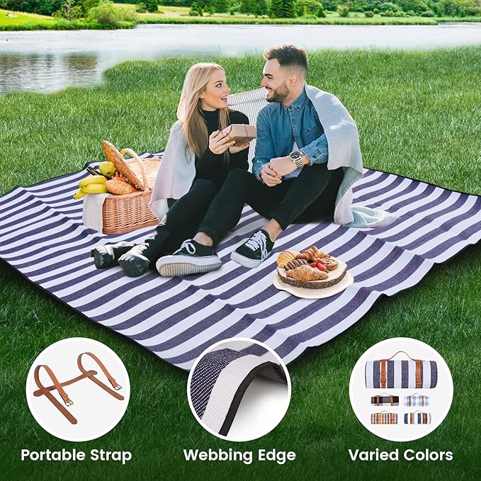 sapsisel 80”x 80” Picnic Blanket Extra Large, Waterproof and Foldable Beach Blanket, 3-Layer Outdoor Blanket for 6 to 8 Adults, for Camping, Park, Beach, Grass, Indoors…