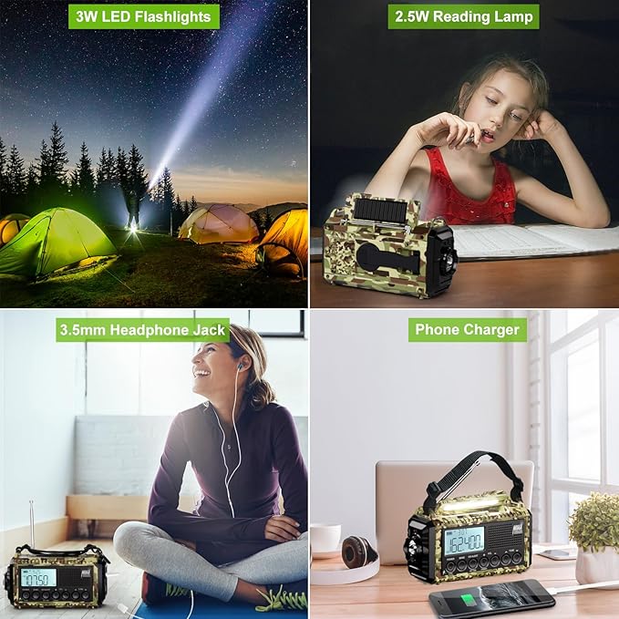 Raynic Weather Radio, 12000mAh Hand Crank Emergency Radio, 6 Ways Powered AM/FM/SW/NOAA Weather Alert Radio with Flashlight, Cell Phone Charger and SOS Siren for Power Outages (Camo-Green-LCD Display)