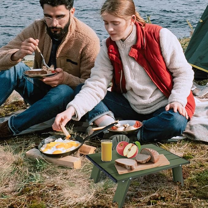 Small Folding Beach Table, Mini Ultralight Camping Table Aluminum, Backpacking Short Table, Green