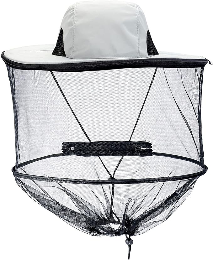 Mosquito Head Net Hat with Removable Mesh Hidden Netting, Camouflage Design with Zipper Net for Outdoor Fishing Gardening Hiking Face Cover (Grey)