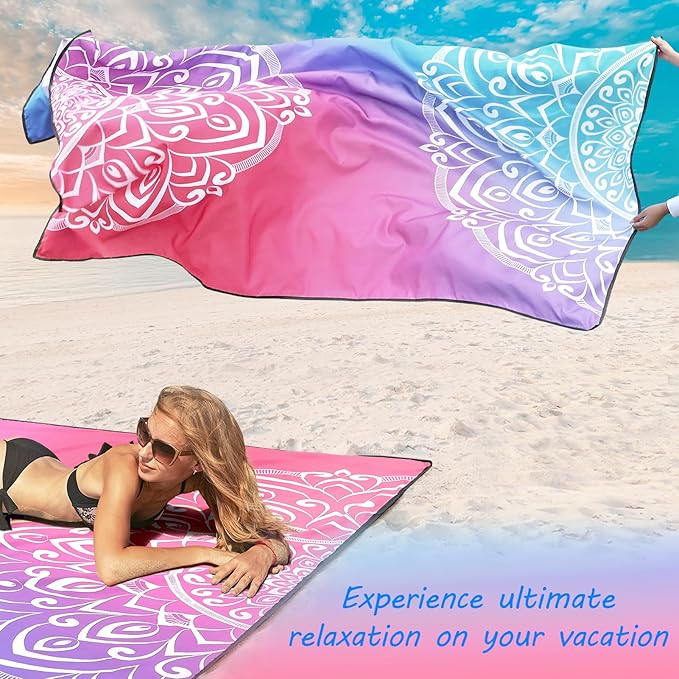 Beach Blanket, Sandproof Beach Mat, Waterproof Quick Drying Lightweight Outdoor Aztec Picnic Mat 79" X 83" for 2-4 Adults with Pocket for Travel, Camping, Hiking