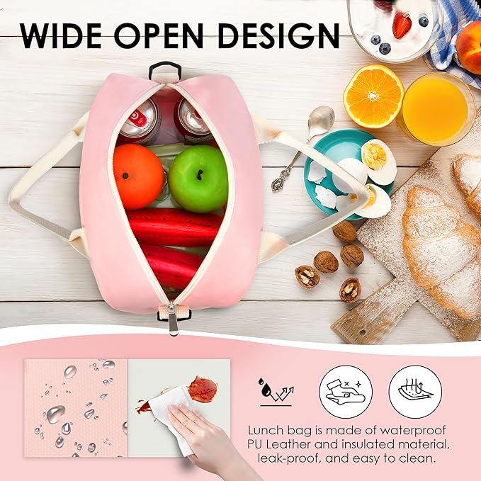 LOKASS Lunch Bag for Women-Insulated Adults Lunch Box with Front Pocket- Small Cute Lunch Tote for Work-Reusable Cooler Bag for Office Picnic Beach or Travel(pink)