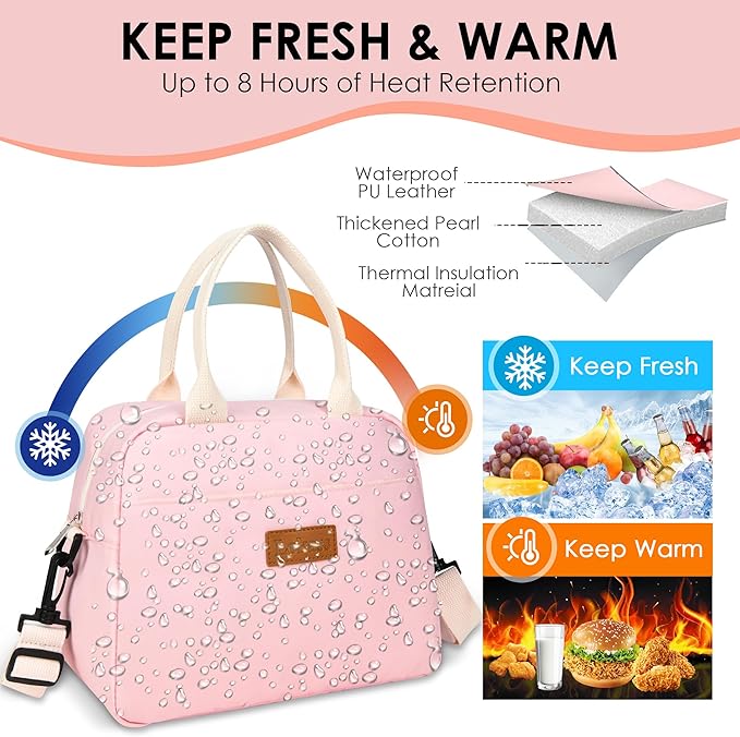 LOKASS Lunch Bag for Women-Insulated Adults Lunch Box with Front Pocket- Small Cute Lunch Tote for Work-Reusable Cooler Bag for Office Picnic Beach or Travel(pink)