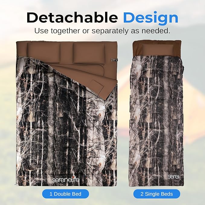 SereneLife Double Sleeping Bag with Pillows, Waterproof & Detachable for 2 Single Bags, Lightweight & Warm, Perfect for Camping, Hiking, Backpacking, and Cold Weather, Suitable for Temperatures 5-10°F
