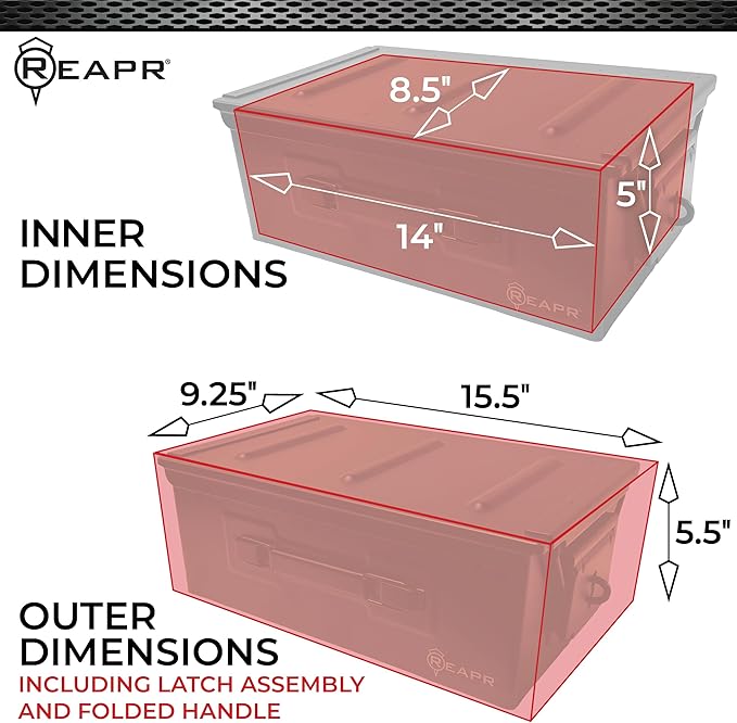 Reapr Steel Ammo Can, Heavy Duty Locking Metal Ammo Storage Box, Airtight and Watertight 30 Cal or 50 Cal Case for Rifle, Shotgun, Pistol, Military Footlocker Style Tool and Gear Organizer