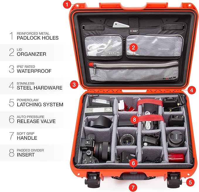 Nanuk 930 Waterproof Hard Case with Lid Organizer and Padded Divider - Orange (930-6003)