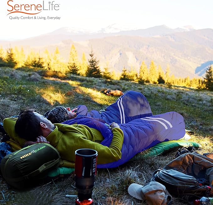 SereneLife Double Sleeping Bag with Pillows, Waterproof & Detachable for 2 Single Bags, Lightweight & Warm, Perfect for Camping, Hiking, Backpacking, and Cold Weather, Suitable for Temperatures 5-10°F