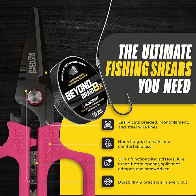 Beyond Fishing 6.5" Pro Fishing Shears Dual Serrated Blades, Fishing Braided Line Scissors with Titanium Coating, Non-Slip Grip & Multifunction Tool, Includes Hard Molded Locking Sheath