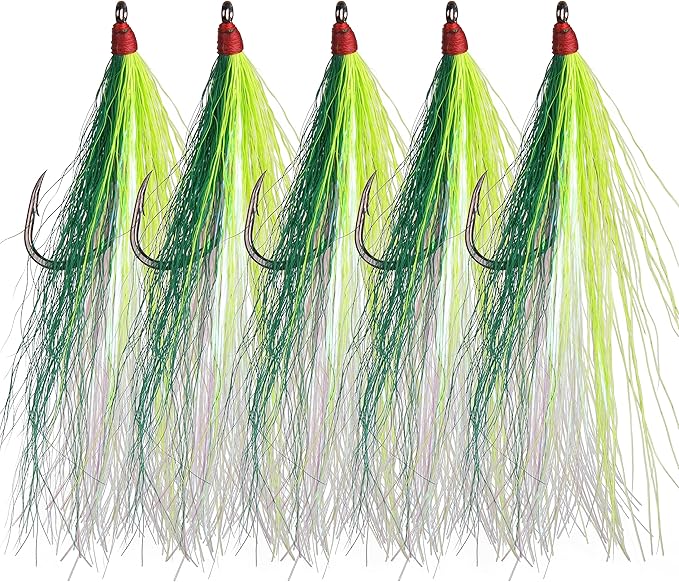 Fishing Bucktail Teaser Hooks,5pcs Saltwater Fishing Jig Teaser Lures with Carbon Steel Hooks Crystal Flash Flounder Rigs for Salmon Trout Sea Bass Steelhead