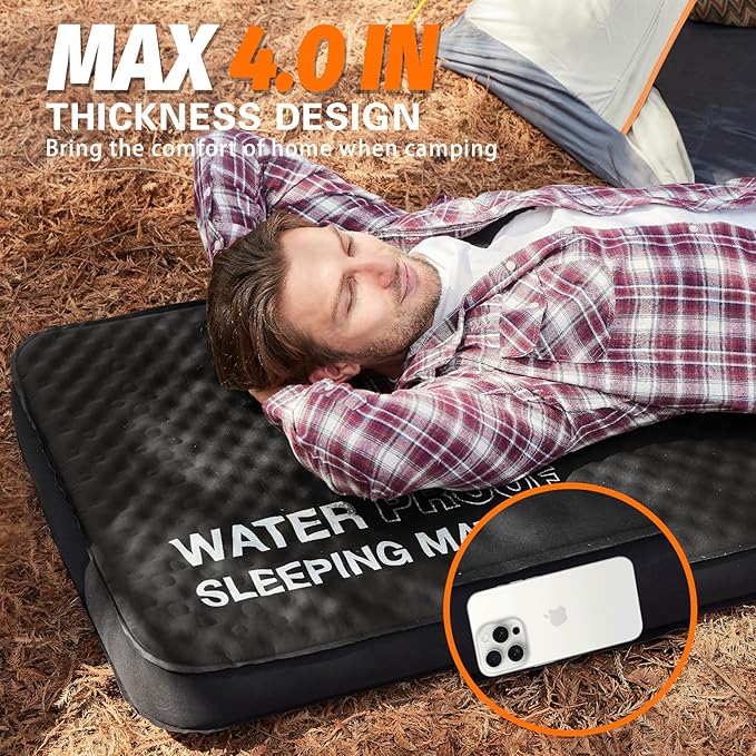 Self Inflating Sleeping Pad, 4in Ultra-Thick Foam Camping Cot Mattress with Air Pump Sack, Sleeping Mat for Adults Inflatable Camping Pad Mattress, Single Cot Bed, Travel, Car, Tent, Home, Black