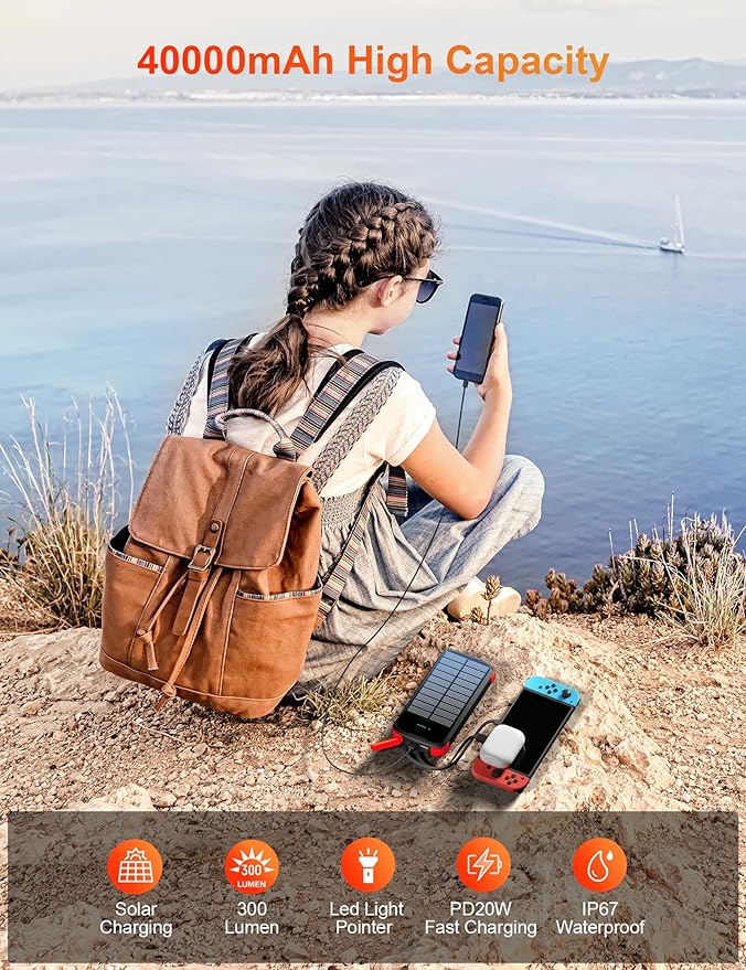Solar Charger Power Bank, PD 20W Fast Charging External Batter, 40000mAh Portable Phone Charger Built in 4 Cables with Dual Bright Flashlights for Camping, Hiking, and Outdoor Use(RED)