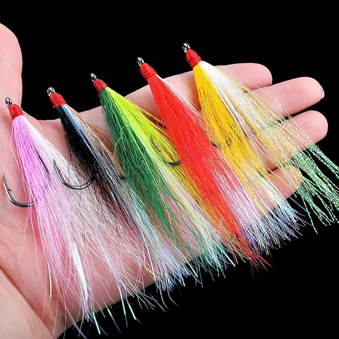 Fishing Bucktail Teaser Hooks,5pcs Saltwater Fishing Jig Teaser Lures with Carbon Steel Hooks Crystal Flash Flounder Rigs for Salmon Trout Sea Bass Steelhead