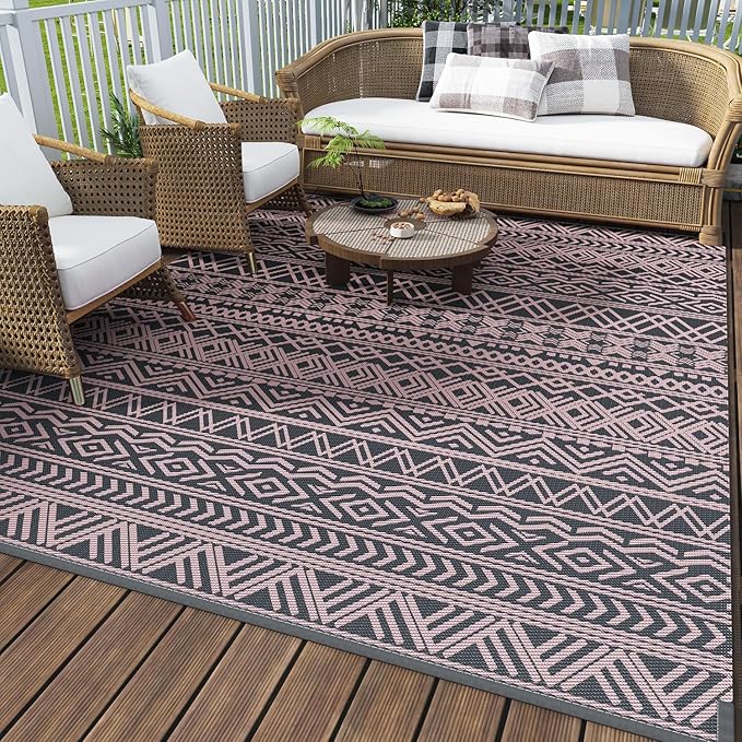 MontVoo Outdoor Rug Carpet Waterproof 6x9 Outdoor Patio Rug Mat Reverisble Plastic Straw Outdoor Rug for RV Camping Picnic Beach Balcony Boho Pink Grey