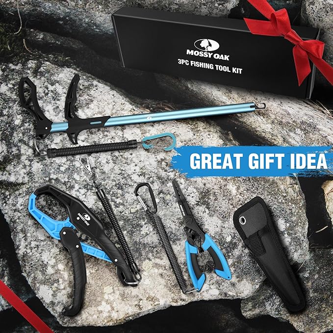 Mossy Oak Fishing Tools Kit- Fishing Plier, Fish Lip Gripper, Multifunctional Fishing Hook Remover with Lanyards Sheath, Saltwater Resistant Fishing Accessories & Equipment, Fishing Gifts for Men